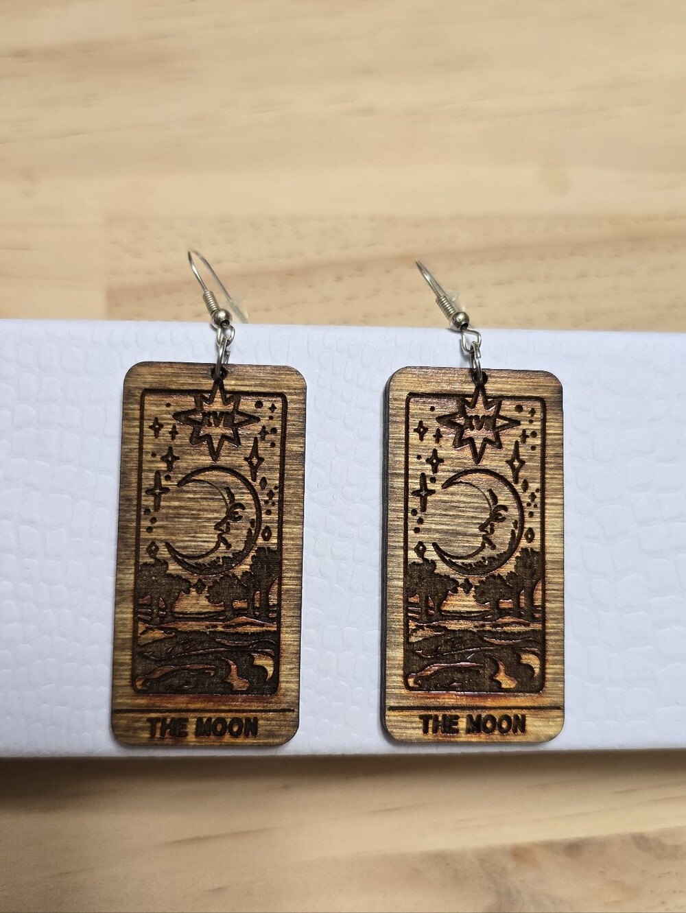 Handcrafted Wooden 'The Moon' Tarot Card Dangle Earrings